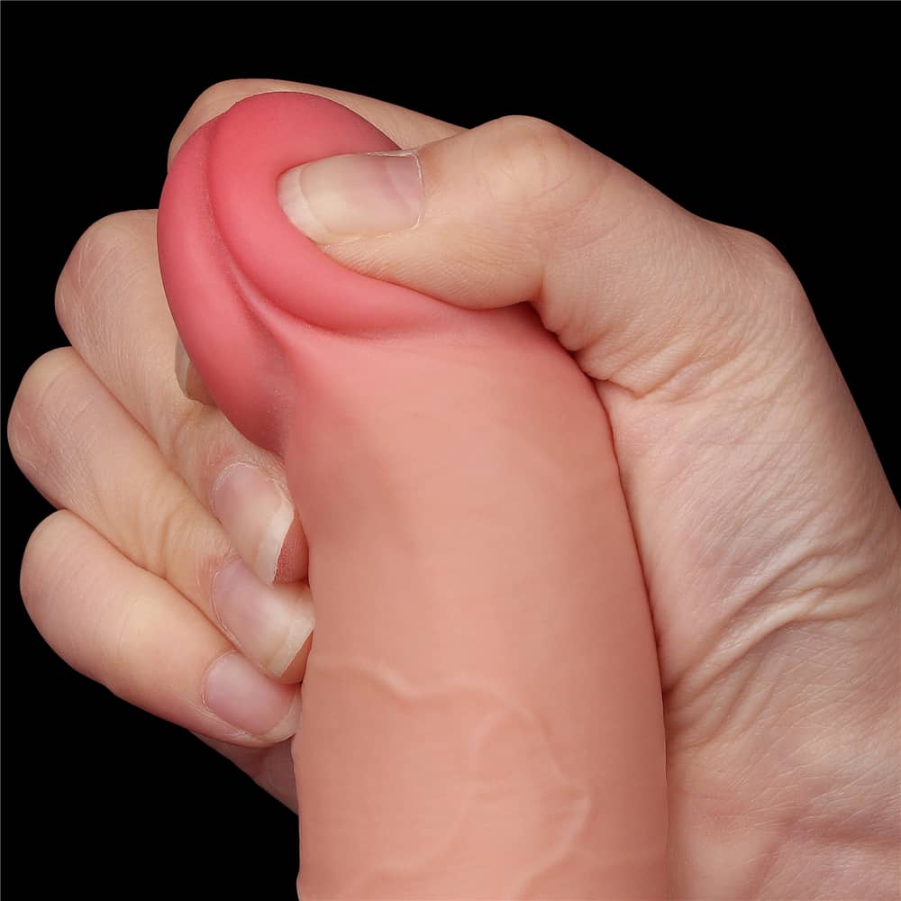 The bulging but soft head of the 7.5 inches sliding skin dual layer flesh dong 
