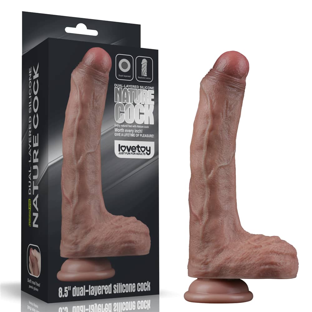 The packaging of the 8.5 inches dual layered silicone cock