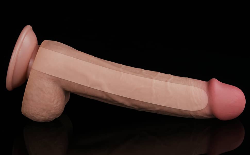 The 9 inches realistic sliding skin suction cup dildo features a soft outer skin and firm inner
