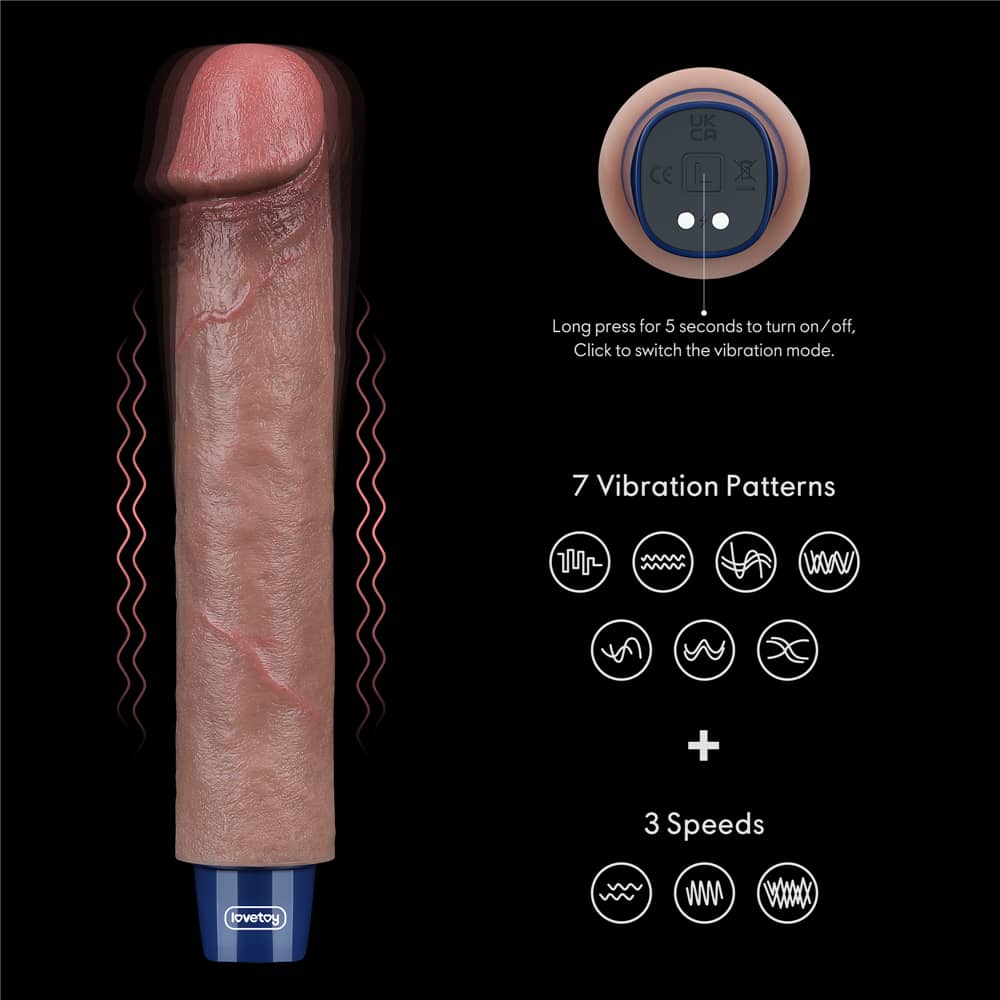 The 9 inches rechargeable silicone vibrating dildo has 7 vibration patterns and 3 speeds