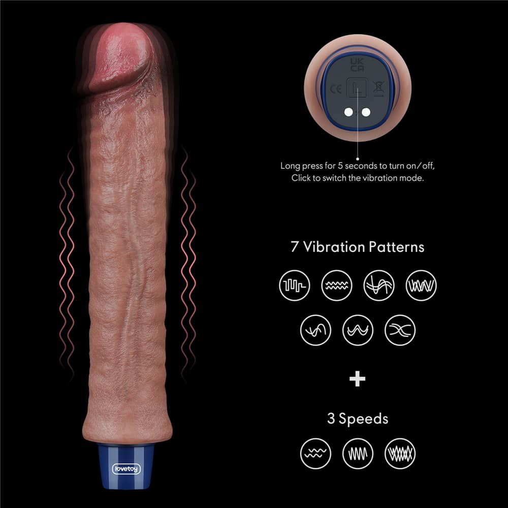 The 9.5 inches rechargeable silicone vibrating dildo has 7 vibration patterns and 3 speeds