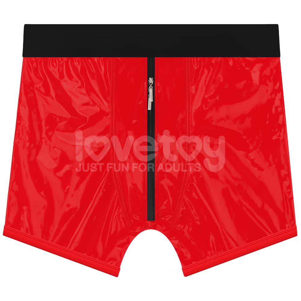 The front of the red chic strap on shorts 