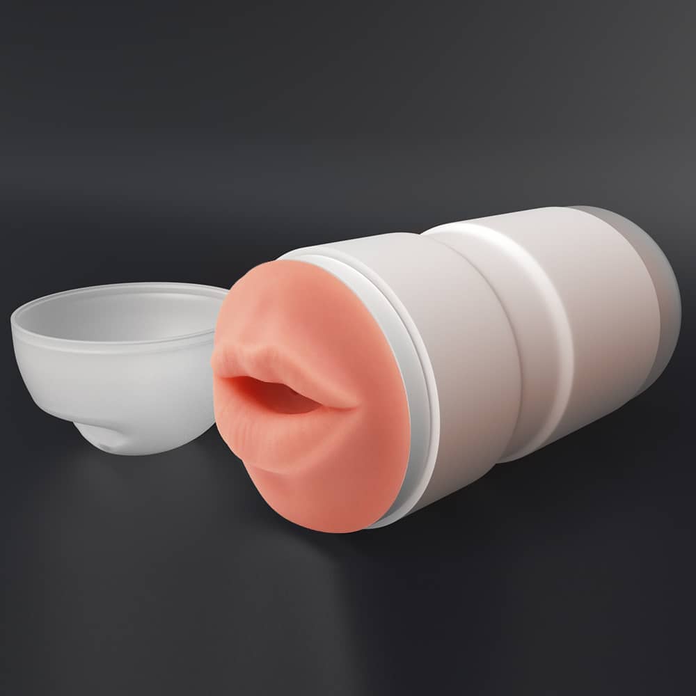 The mouth lotus tunnel vibrating masturbator lays flat with lid open