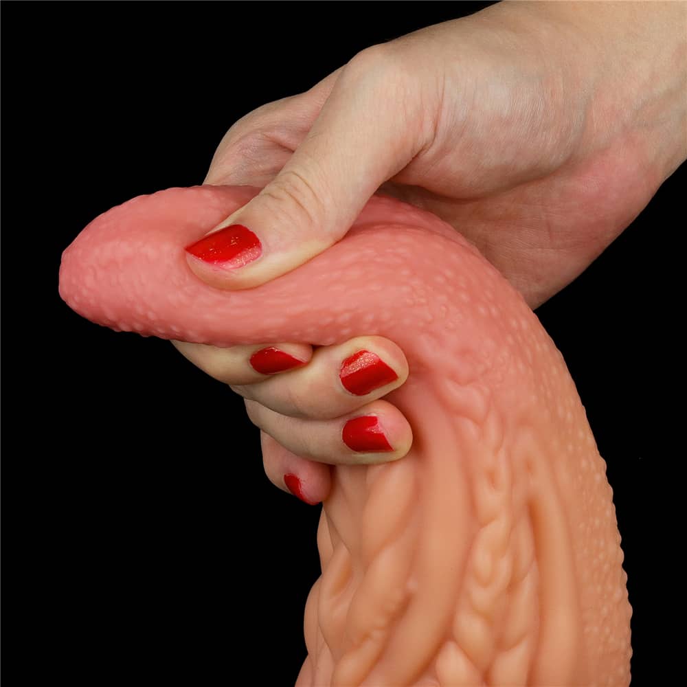 The tip of the 10 inches alien tentacle silicone dildo features many raised nubbins