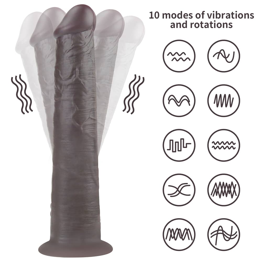  The 10 inches black dual layered silicone rotator  has 10 modes of vibrations and rotations