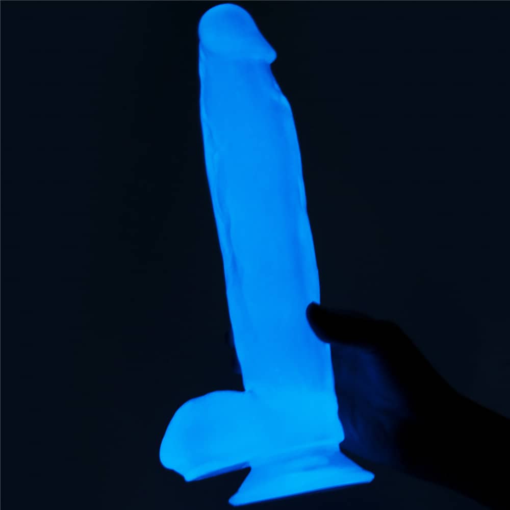 The The 10 inches lumino play dildo creats a blue light