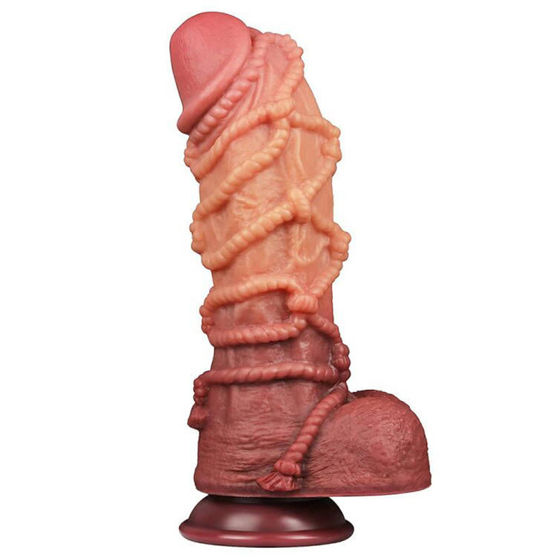 The 10.5 inches monster rope silicone dildo is upright with a video playback logo