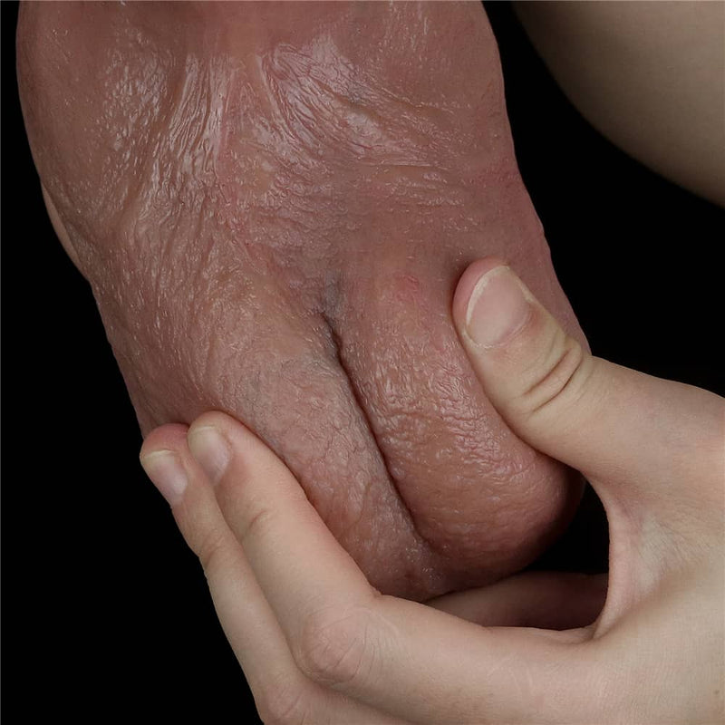 The 10.5 inches platinum silicone cock has detailed textured testicle