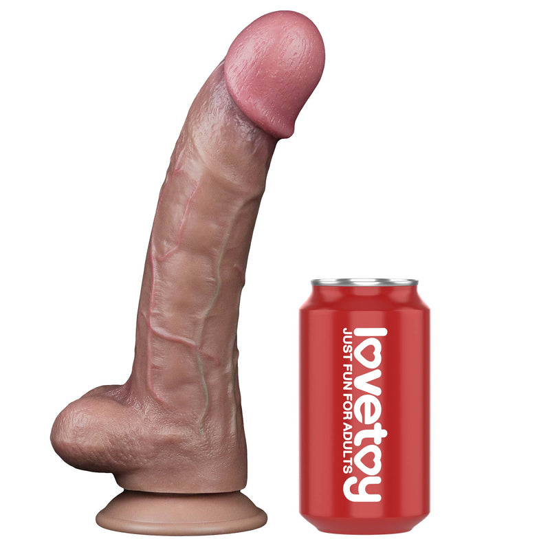 Comparison between the 10.5 inches dual layered platinum silicone cock and beverage cans 