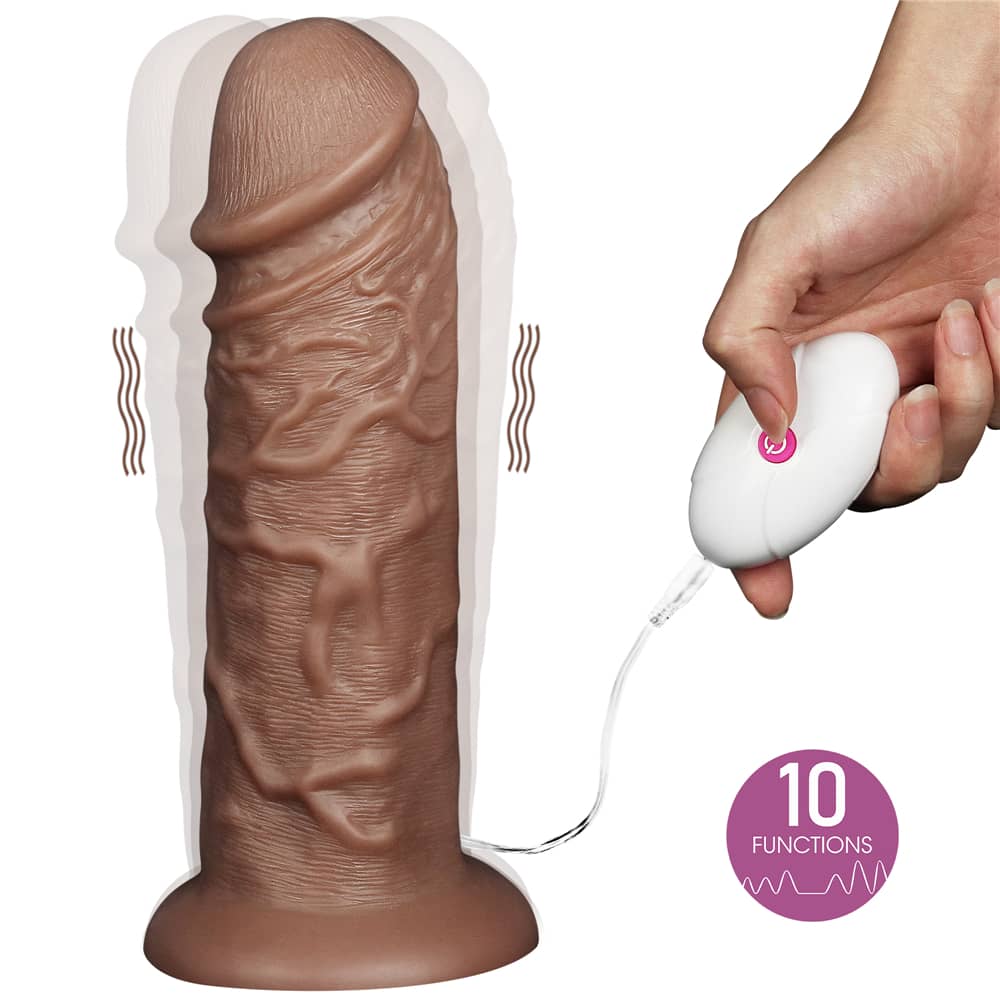 The 10.5 inches realistic chubby vibrating dildo has 10 powerful functions