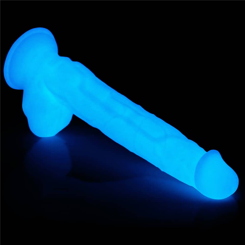 The 10.5 inches lumino play silicone dildo creats a blue light