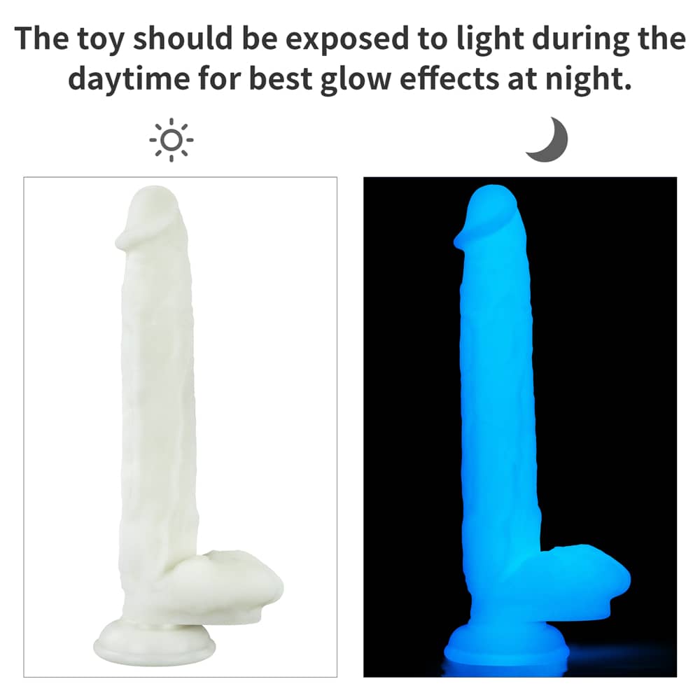 The 10.5 inches lumino play silicone dildo should be exposed to light during the daytime for best glow effectis at night