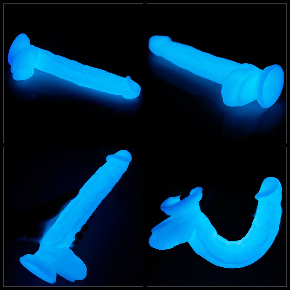 The different angles of the 10.5 inches lumino play silicone dildo when emits blue fluorescence