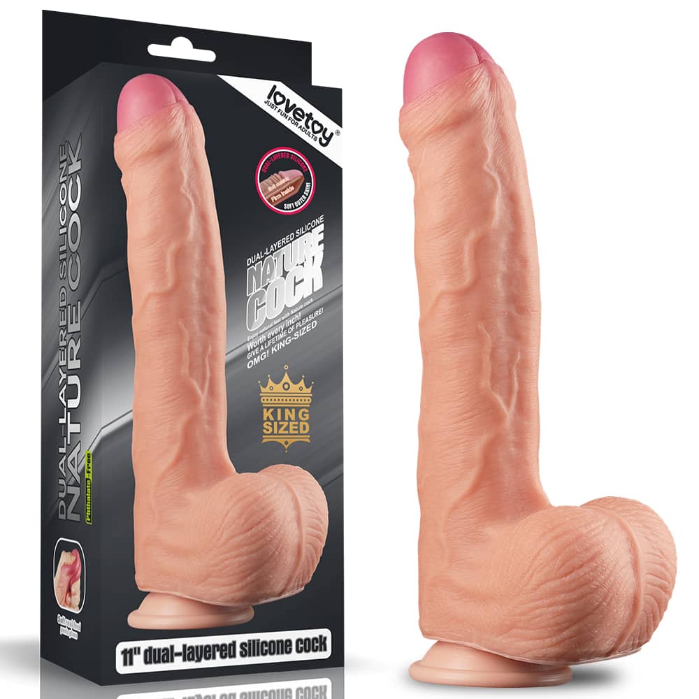 The packaging of the 11 inches dual layer platinum silicone cock