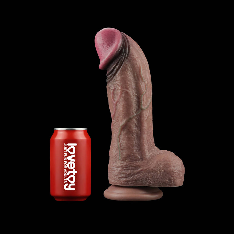 Comparison between the 11 inches handmade dual layered dildo and beverage cans