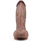 The 11 inches handmade dual layered dildo is upright showing its back and balls 