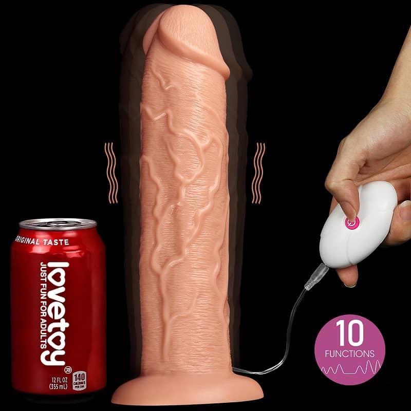 The 11 inches vibrating realistic long dildo has 8 vibration patterns and 2 speeds