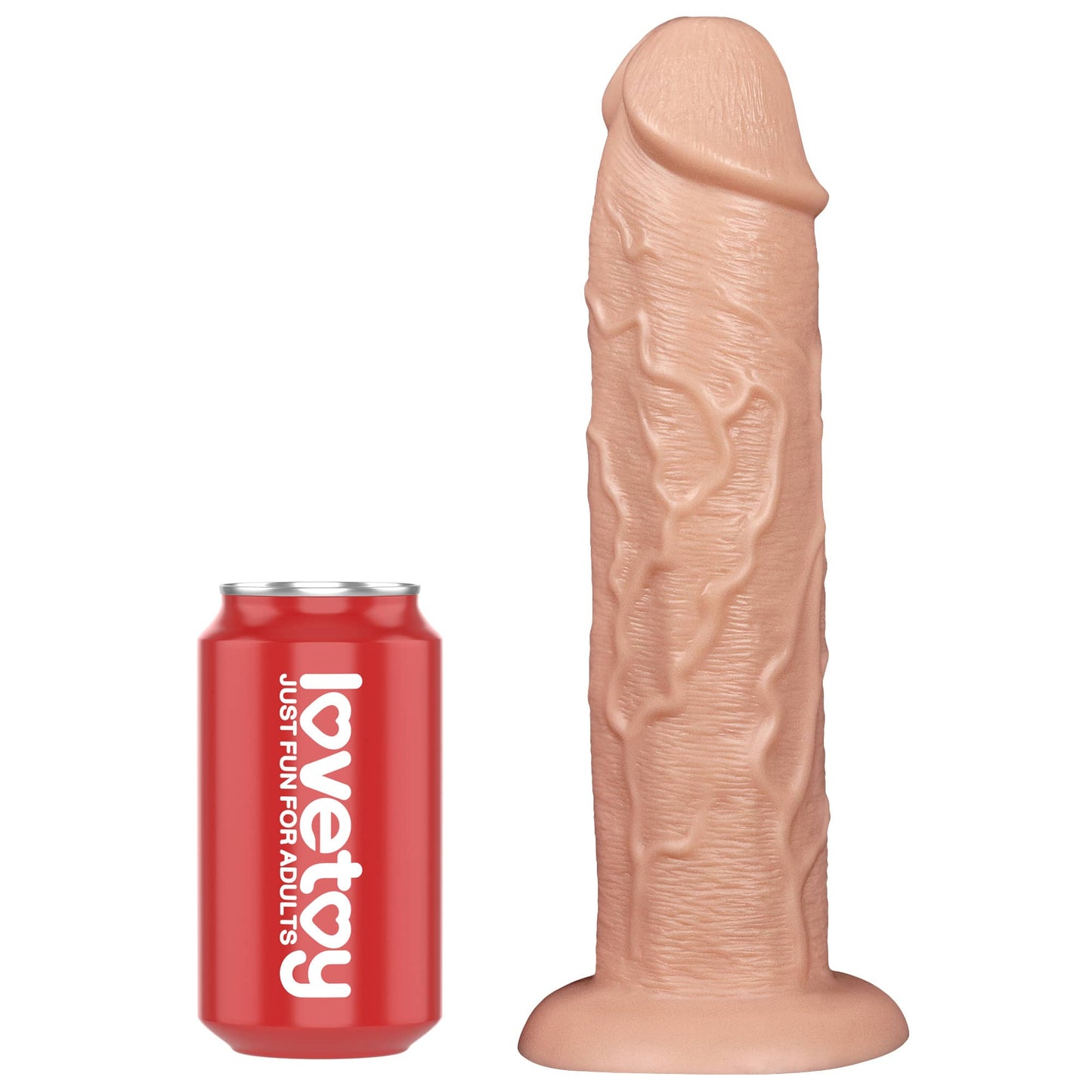 Comparison between the 11 inches vibrating realistic long dildo and beverage cans 