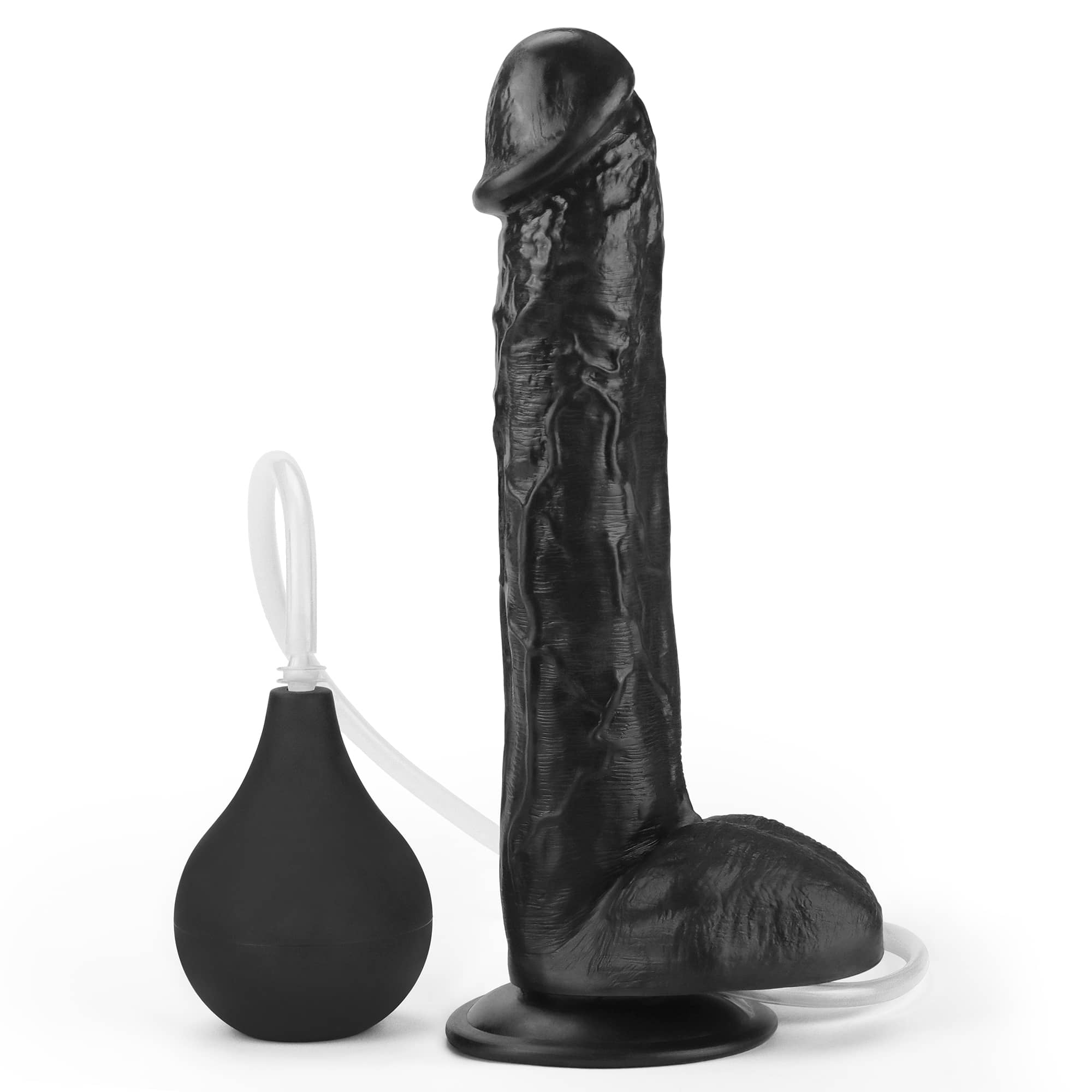 The 11 inches black realistic ejaculating dildo is upright