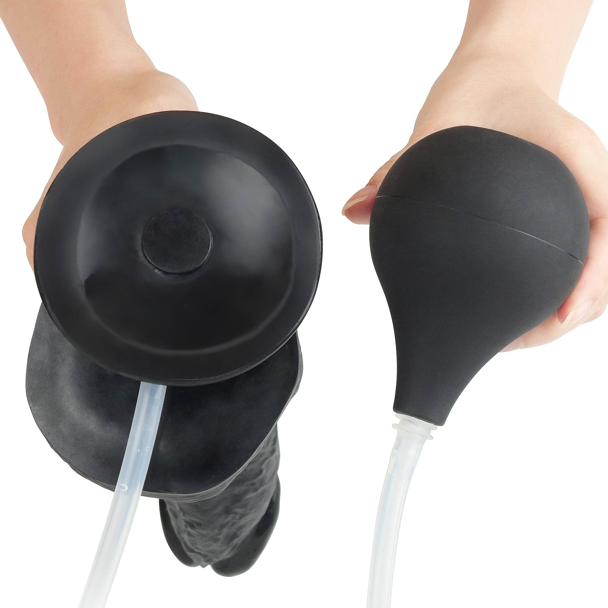 The suction cup and the enema bulb of the 11 inches black realistic ejaculating dildo