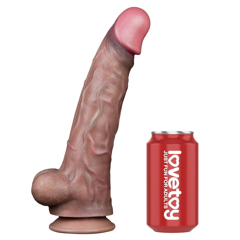 Comparison between the 11.5 inches silicone realistic veins dildo and beverage cans