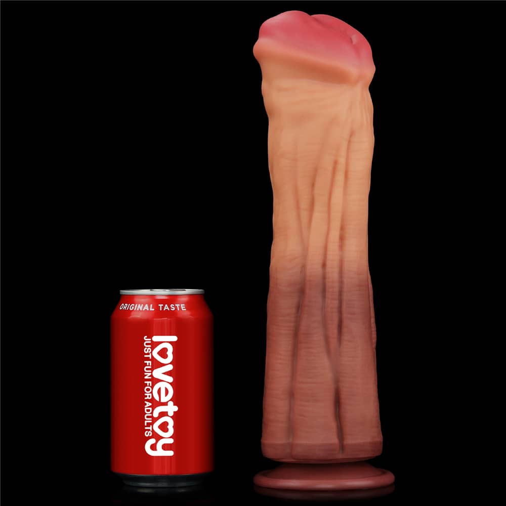 Comparison between the huge 12 inches dual layer silicone horse dildo and beverage cans 