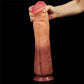 A man holds the prominent head of the 12 inches dual layer silicone horse dildo