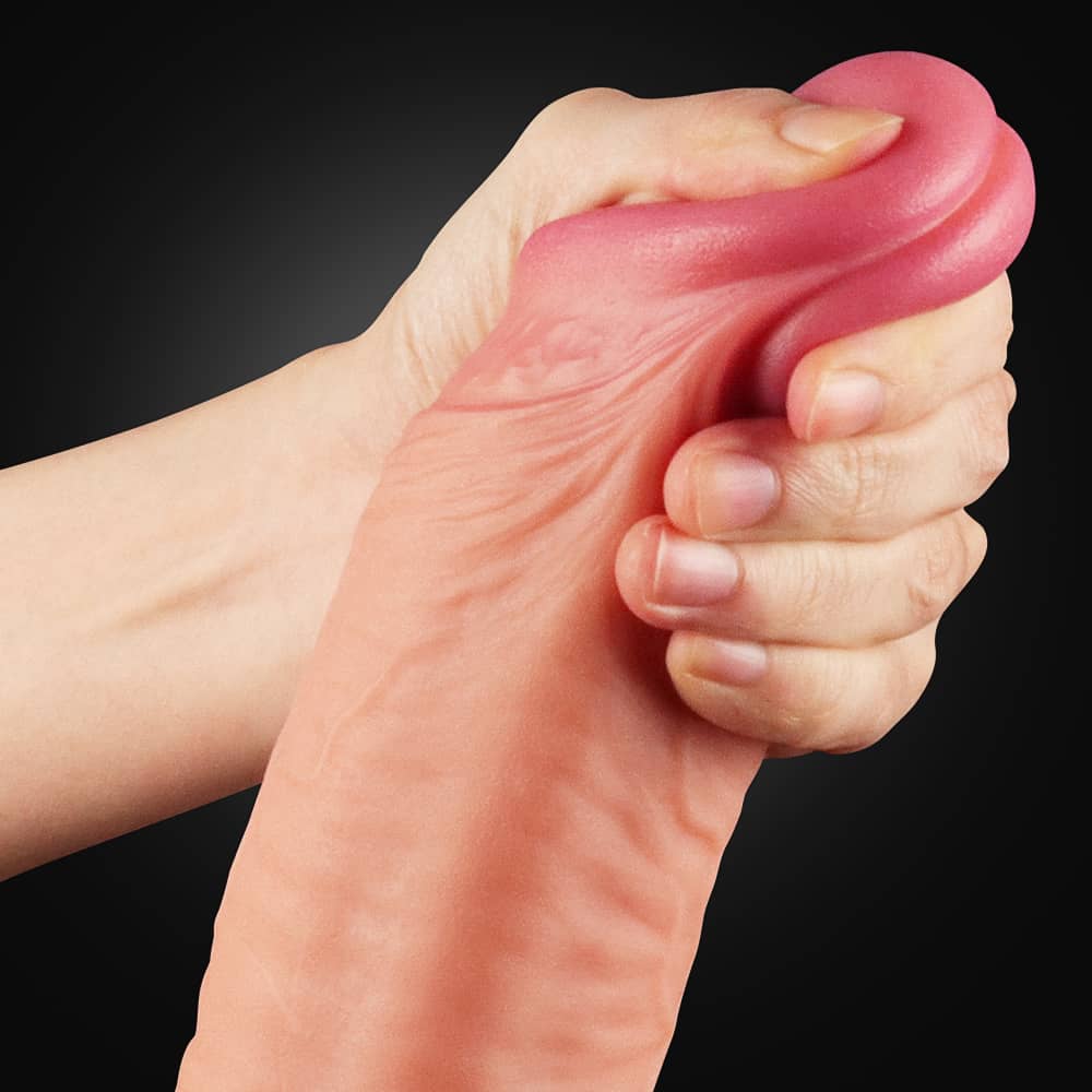 The prominent but soft head of the 12 inches king size dual layer silicone dildo