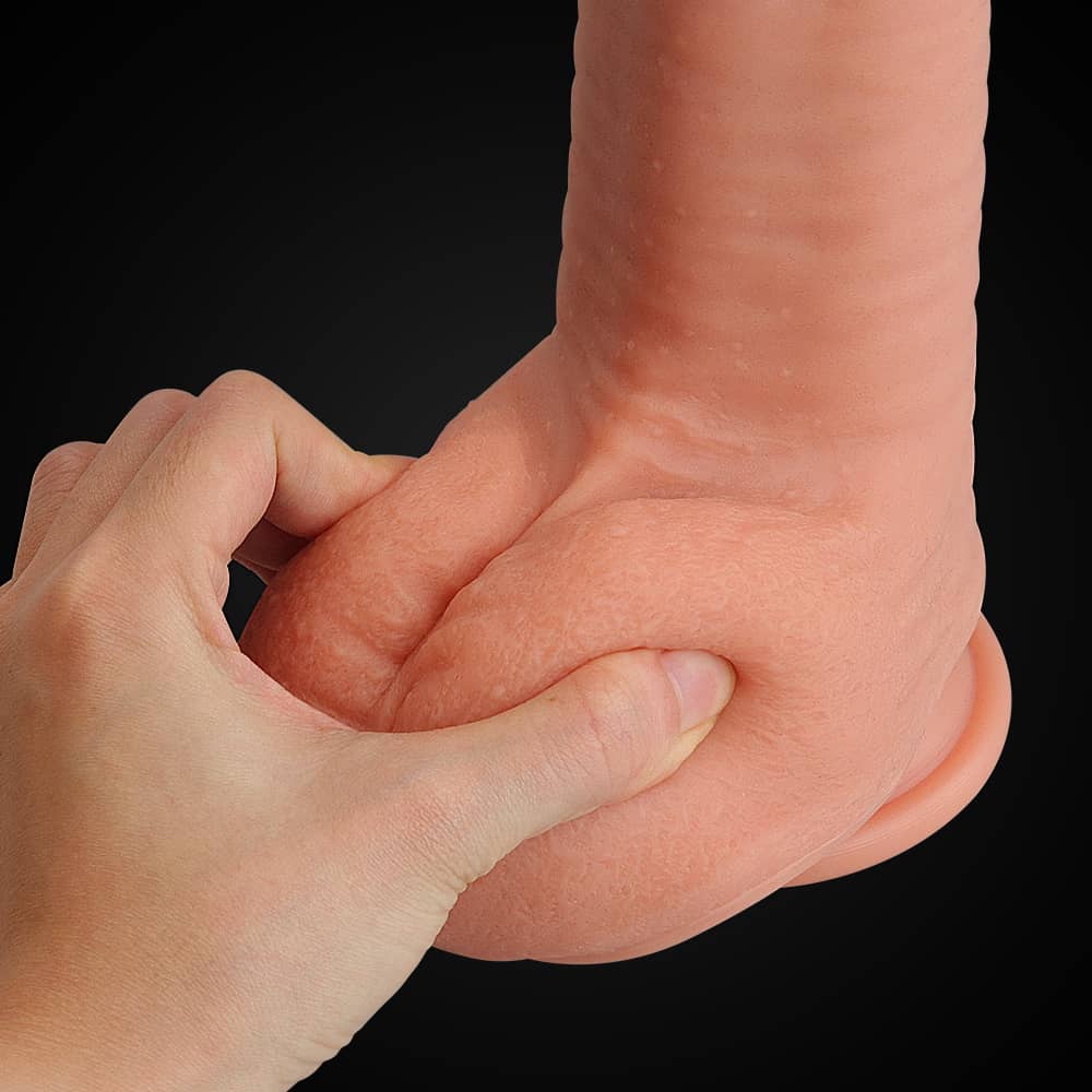 The 12 inches king size dual layer silicone dildo has soft balls 