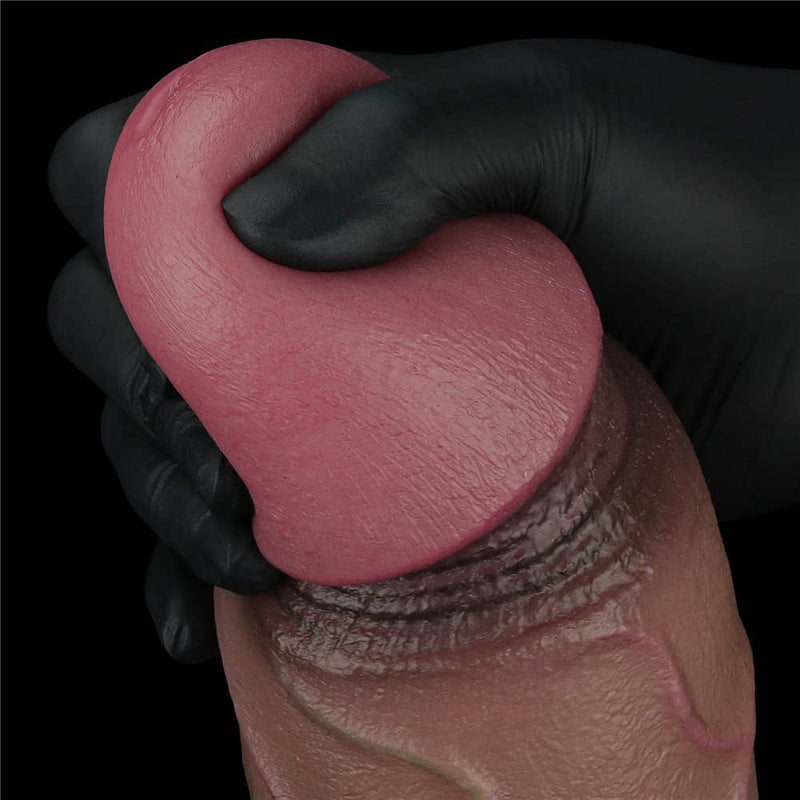 The bulging but soft head of the 12 inches xxl dual layered silicone cock 