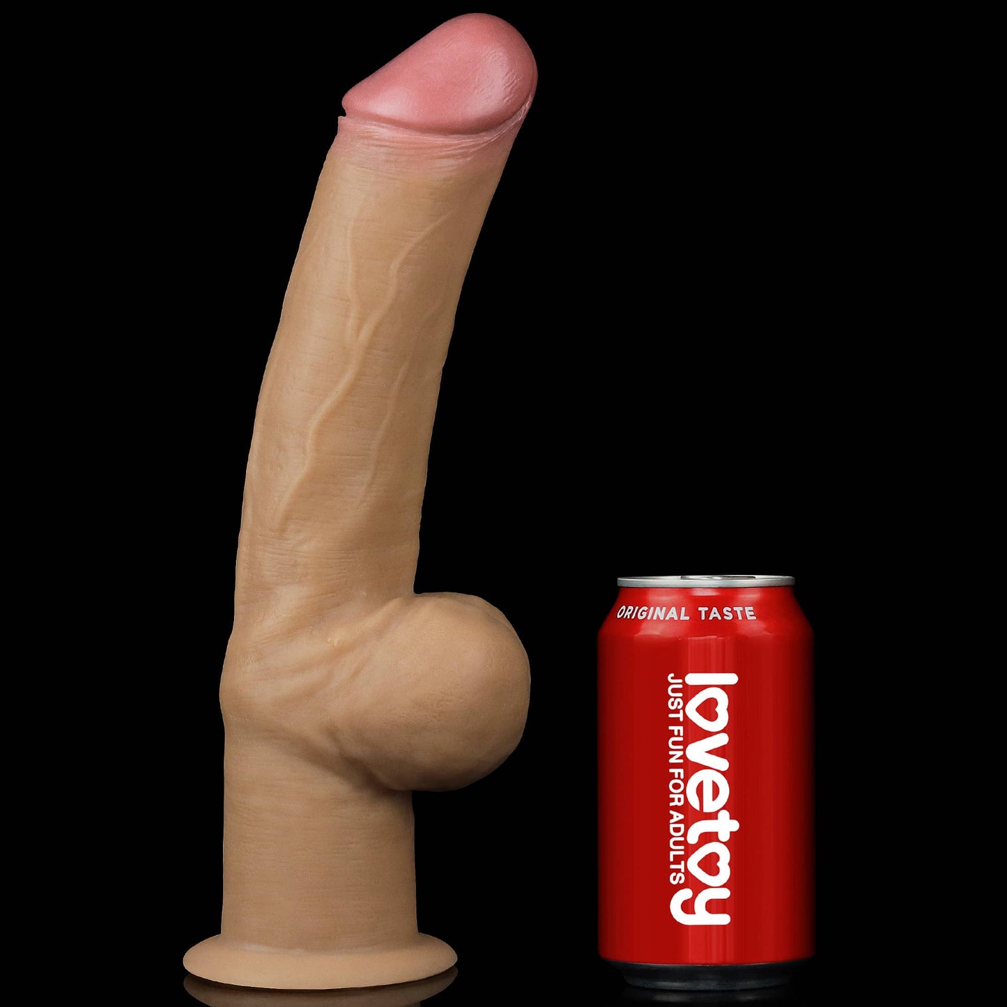 Comparison between the 12 inches silicone dildo with grip handle and beverage cans