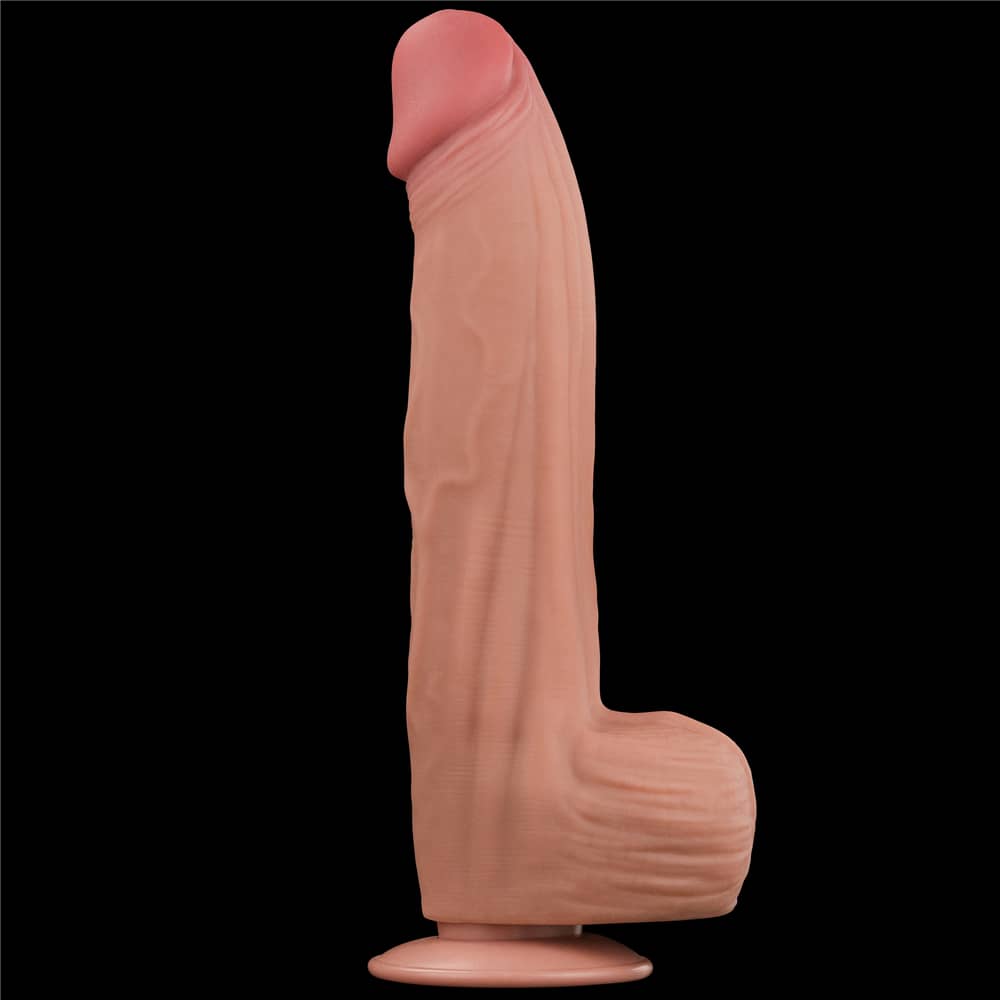 The 12 inches king sized sliding skin dual layer dong stands upright