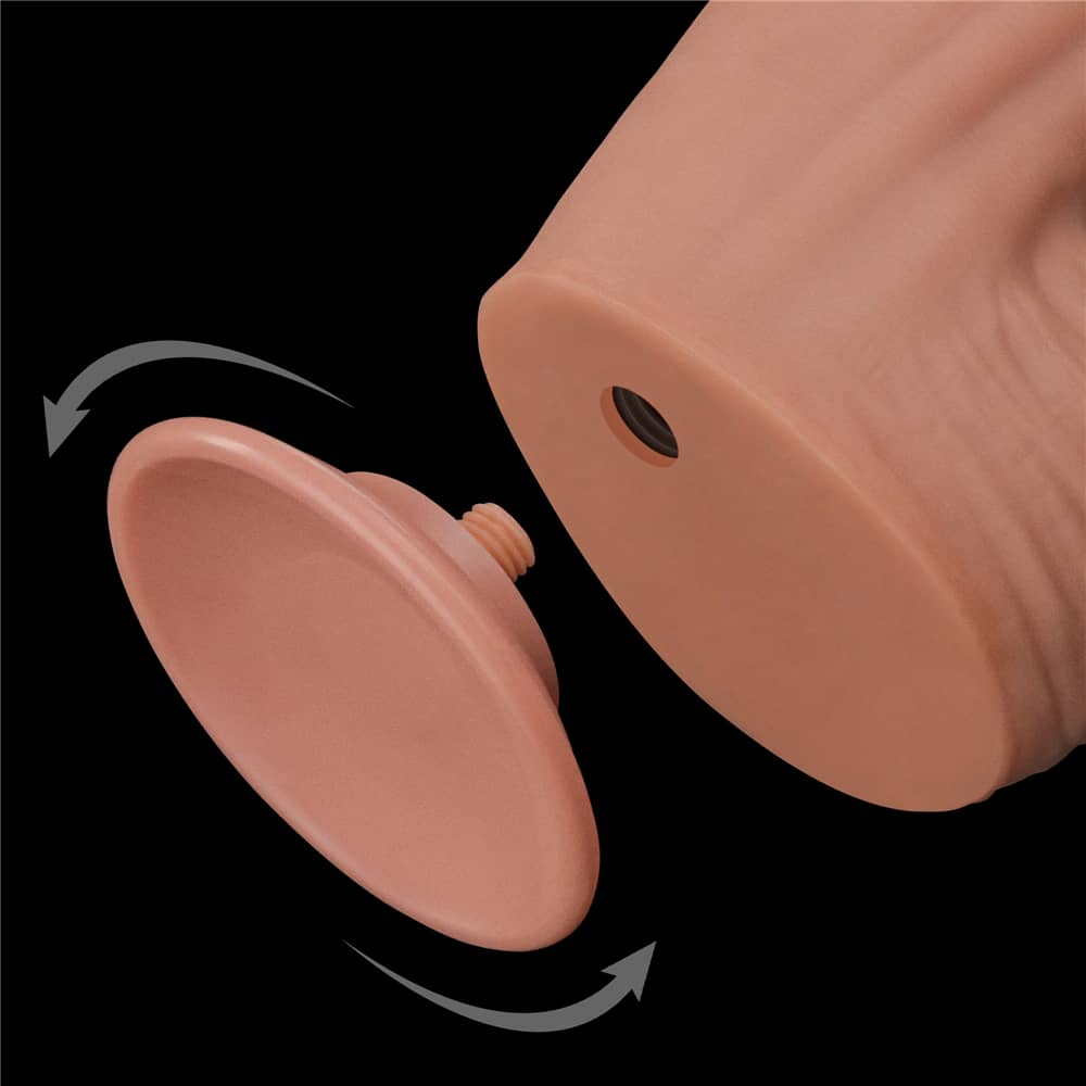The 12 inches king sized sliding skin dual layer dong has a removable strong suction cup