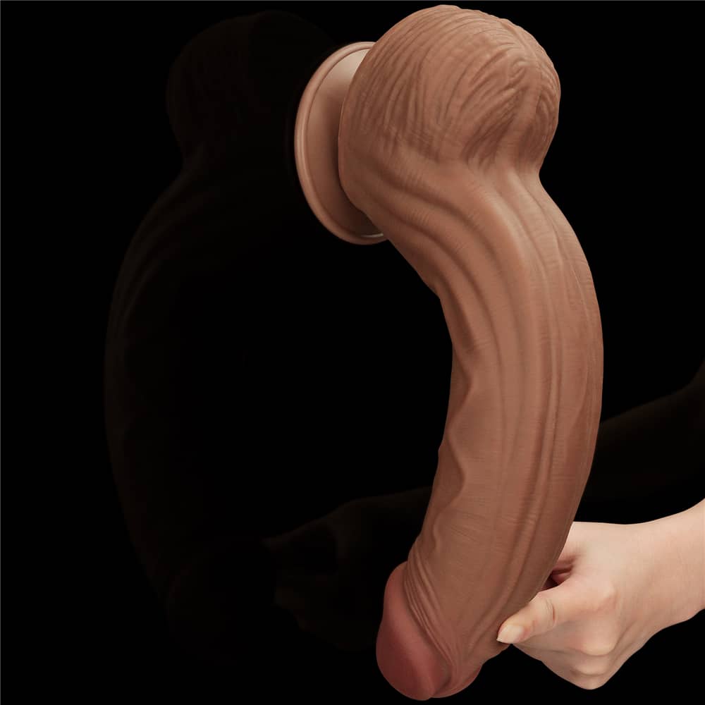 The 12 inches brown sliding skin dual layer dong  bends softly downward