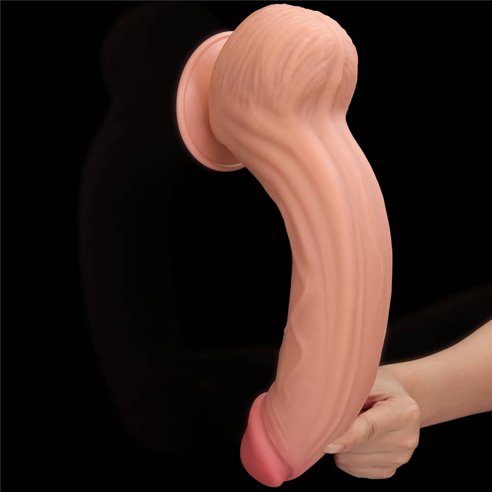 The 12 inches king sized sliding skin dual layer dong bends softly downward