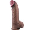 The 13 inches silicone realistic dildo is upright with a video playback logo