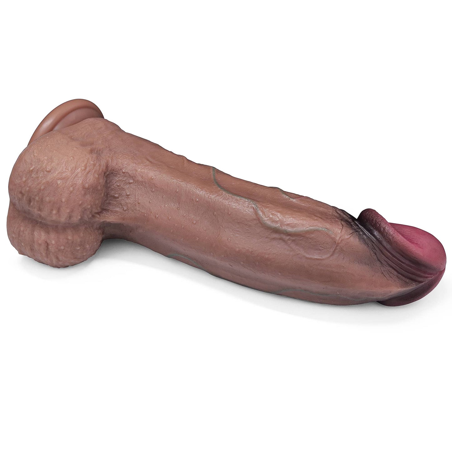The 13 inches silicone realistic dildo lies flat and shows its balls