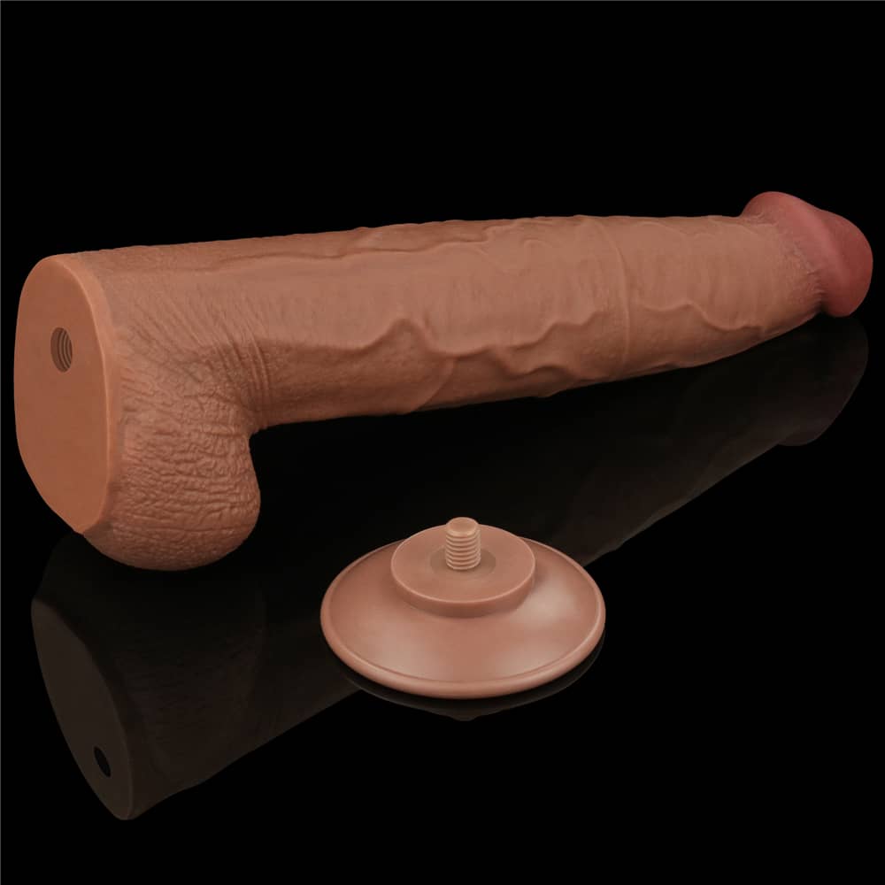 The 13.5 inches huge soft sliding skin dildo has a removable strong suction cup