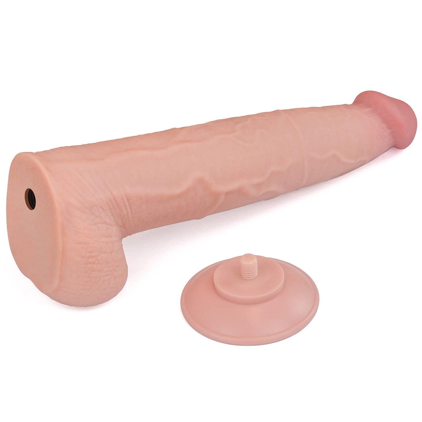 The 13.5 inches huge soft sliding skin dildo laid flat with its suction cup