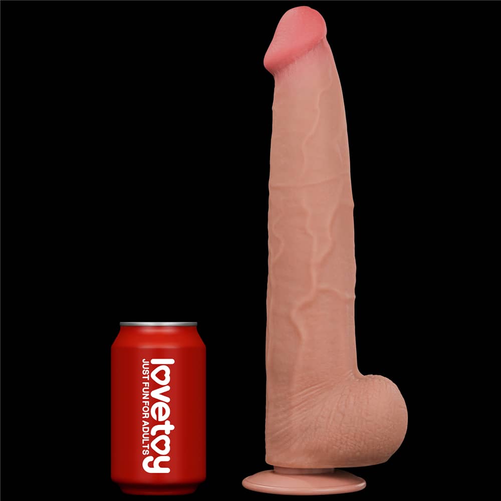Comparison between the 13.5 inches huge soft sliding skin dildo and beverage cans