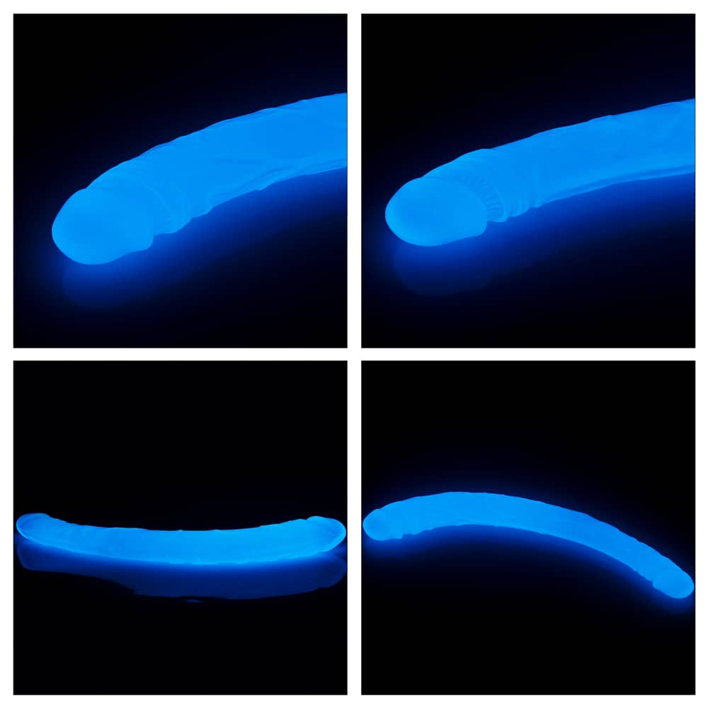 The details of the 14.5 inches lumino play double dildo that emits blue fluorescence