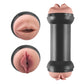 The 2 in 1 mouth pussy masturbator is upright with the details of its two sides