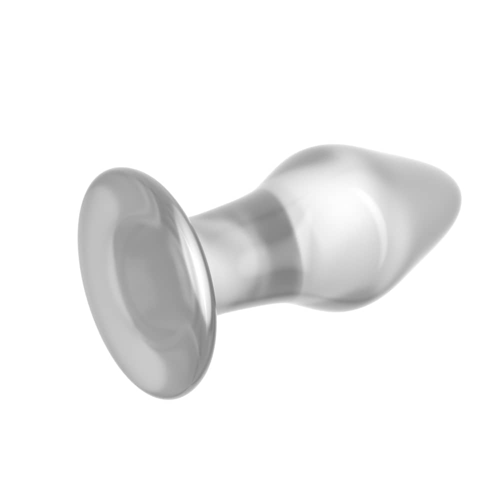 The 4.3 inches glass romance transparent butt plug lays flat