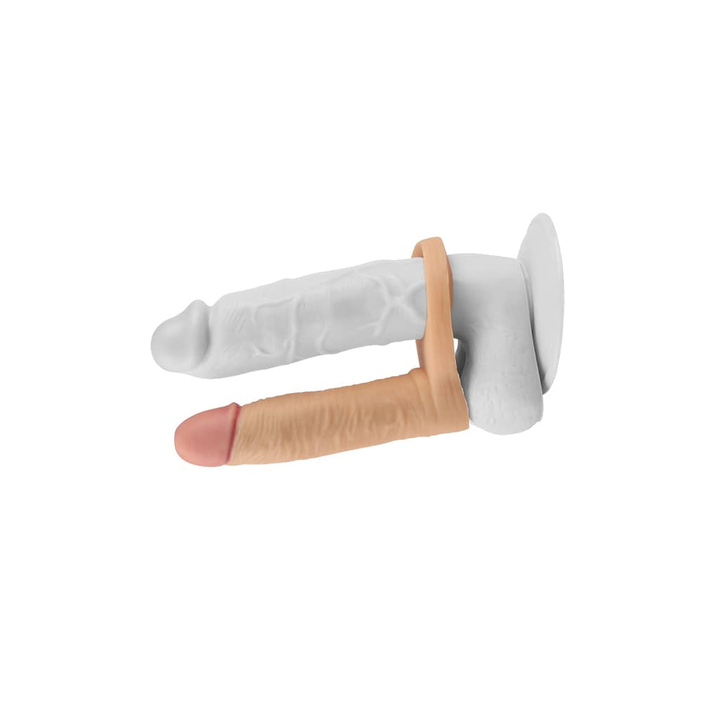 The 5.8 inches ultra soft double vibrating anal dildo worn on dildo using its cock ring