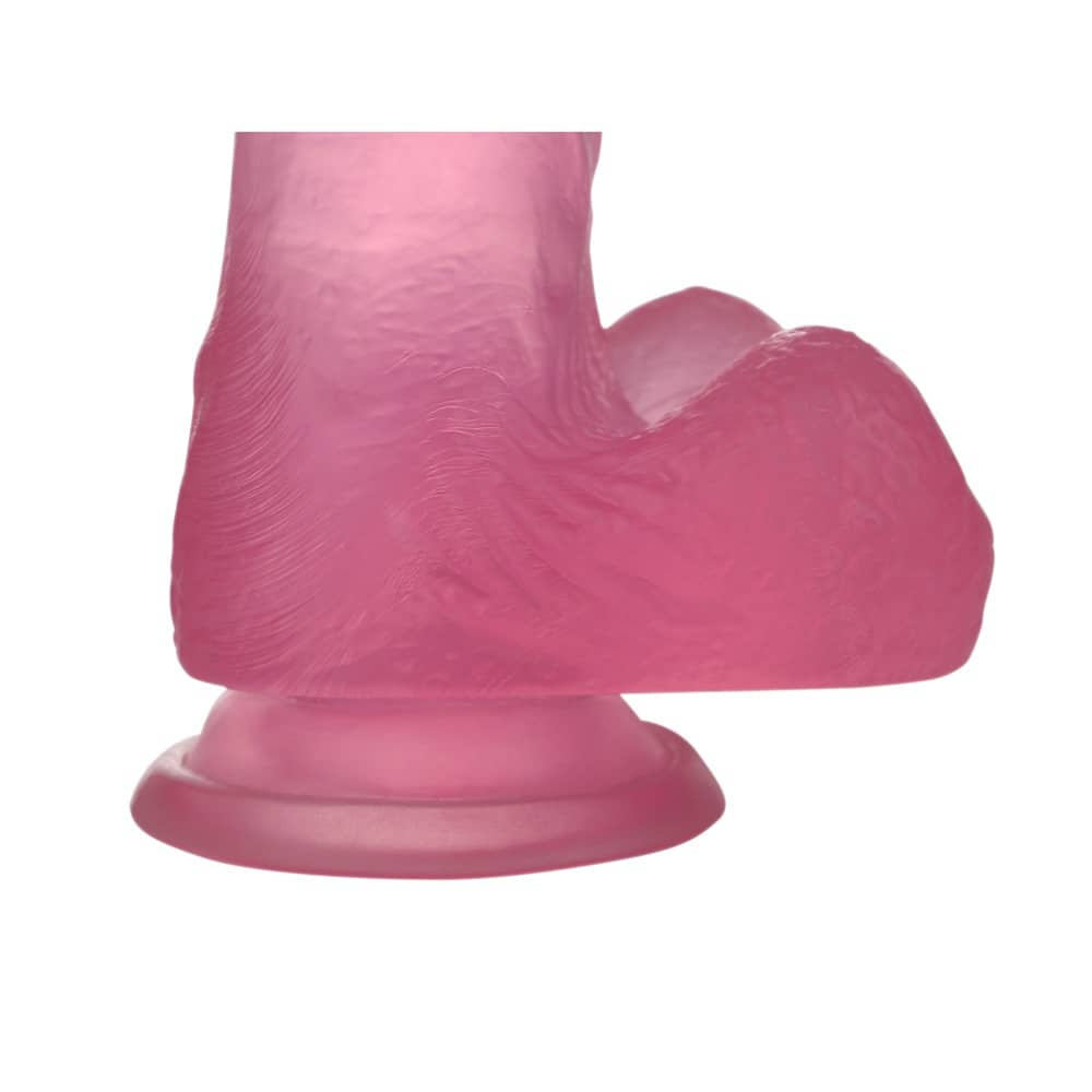 The detailed textured testicle of the 6 inches pink jelly studs crystal dildo