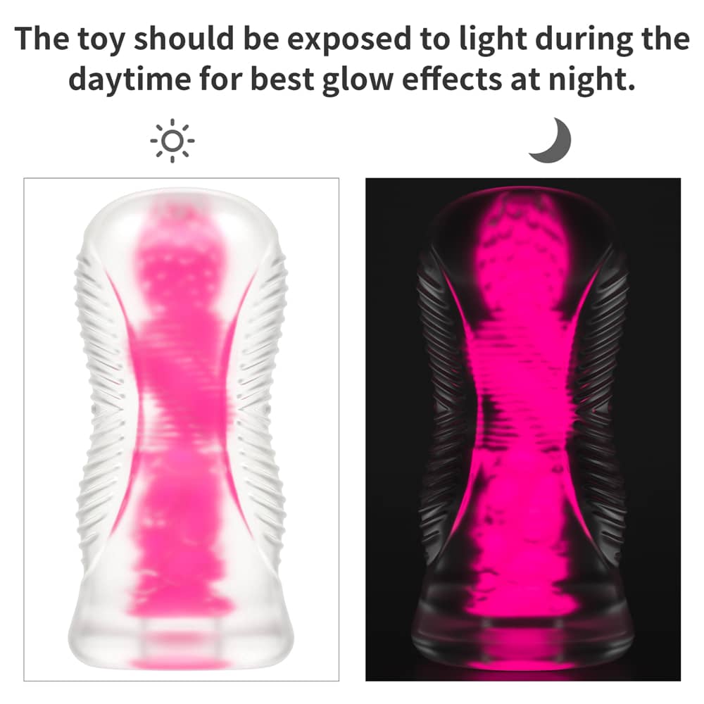 The 6 inches pink lumino play masturbator should be exposed to light during the daytime for best glow effectis at night