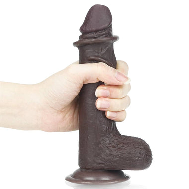 Hands slide easily on the 7 inches sliding skin dual layer black dildo