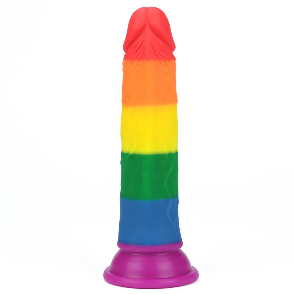 The 7 inches prider rainbow dildo is upright