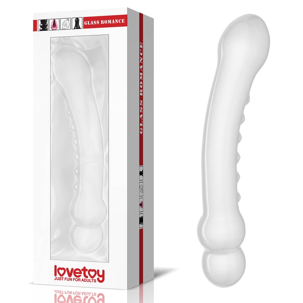 The packaging of the 7.3 glass romance crystal clear anal dildo