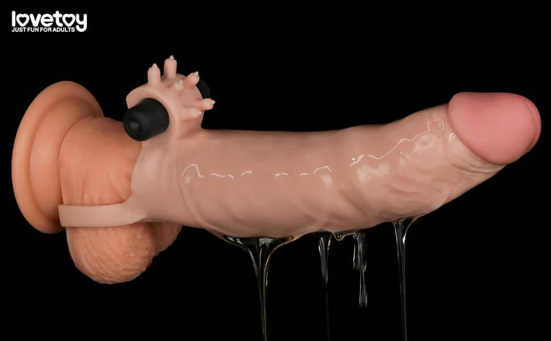 The 7.5 inches dildo extender with bullet vibrator worn on dildo with lube